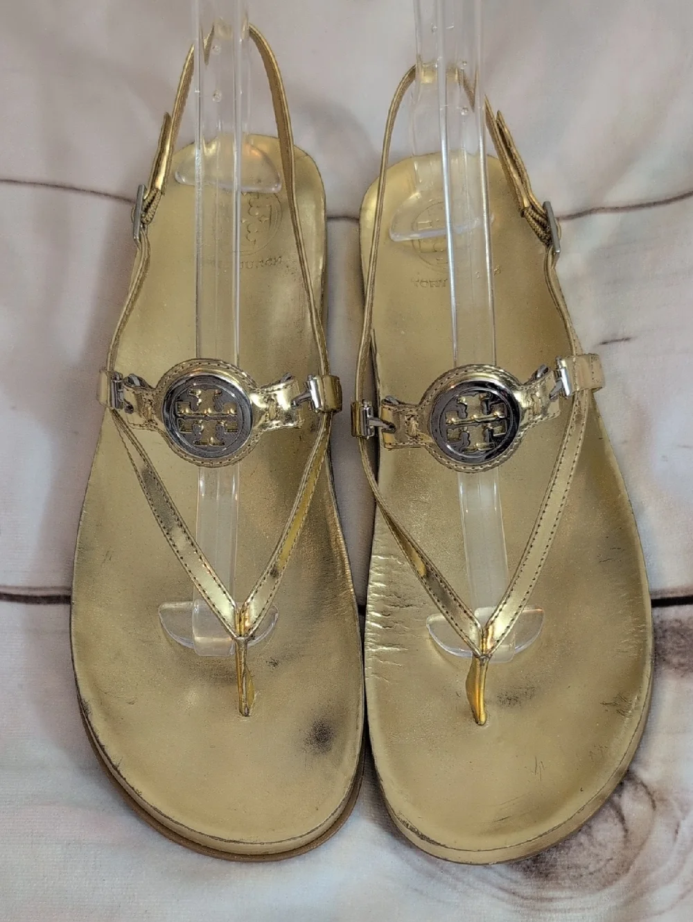 Tory Burch Metallic Gold Logo Thong Slingback Sandals Women's size 11